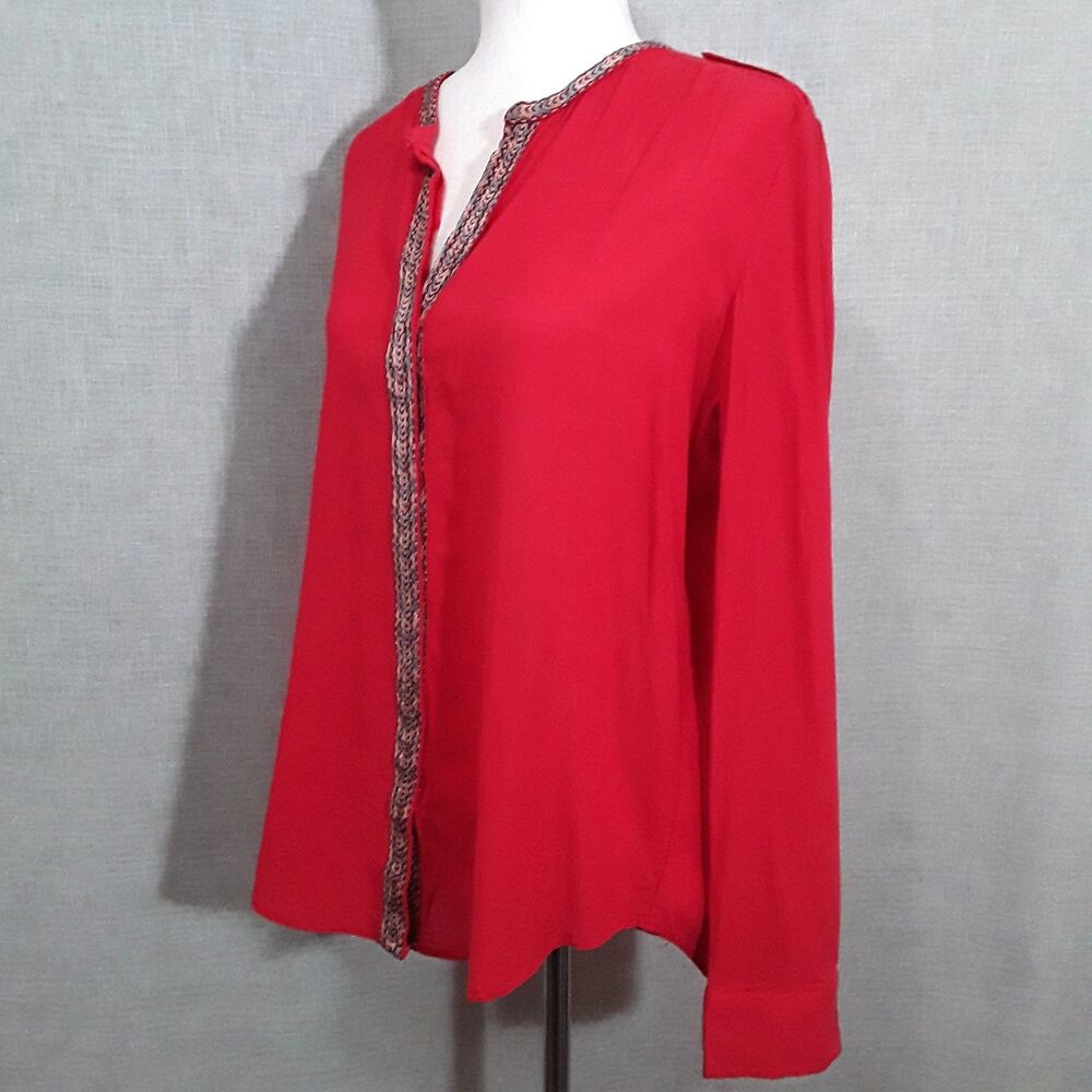 Mango MNG Size Large Embroidered Button-Down Gauzy Tunic Red V-Neck